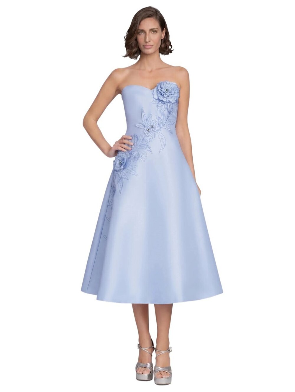Badgley Mischka Blue Periwinkle  Floral Applique Midi Dress $795 NWT sz 4